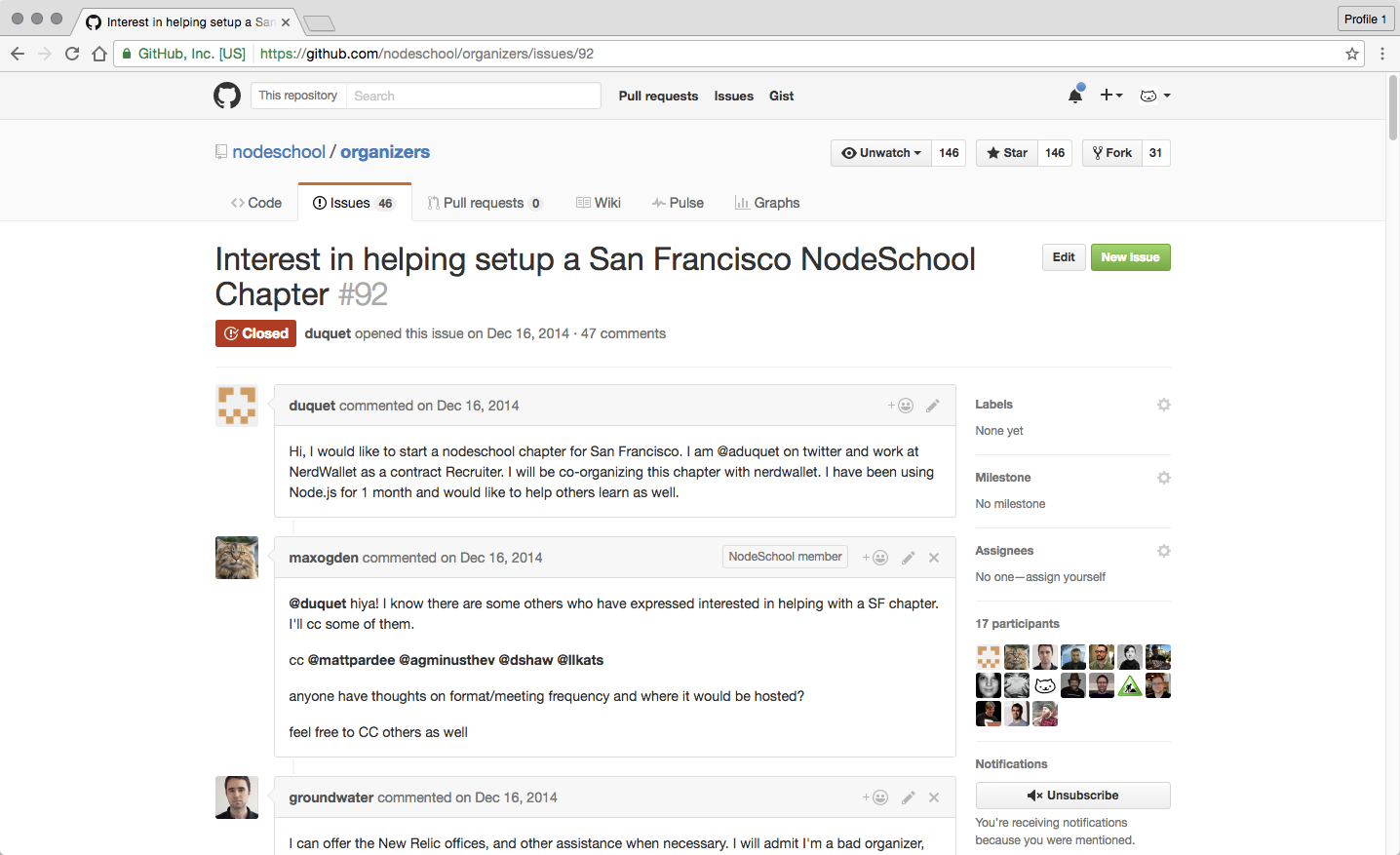 a screenshot of the GitHub issue that launched the creation of NodeSchool SF
