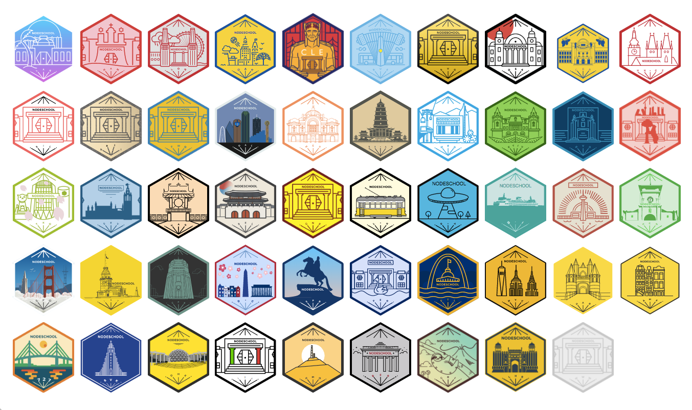 a screenshot of the dozens of sticker designs from NodeSchool chapters worldwide