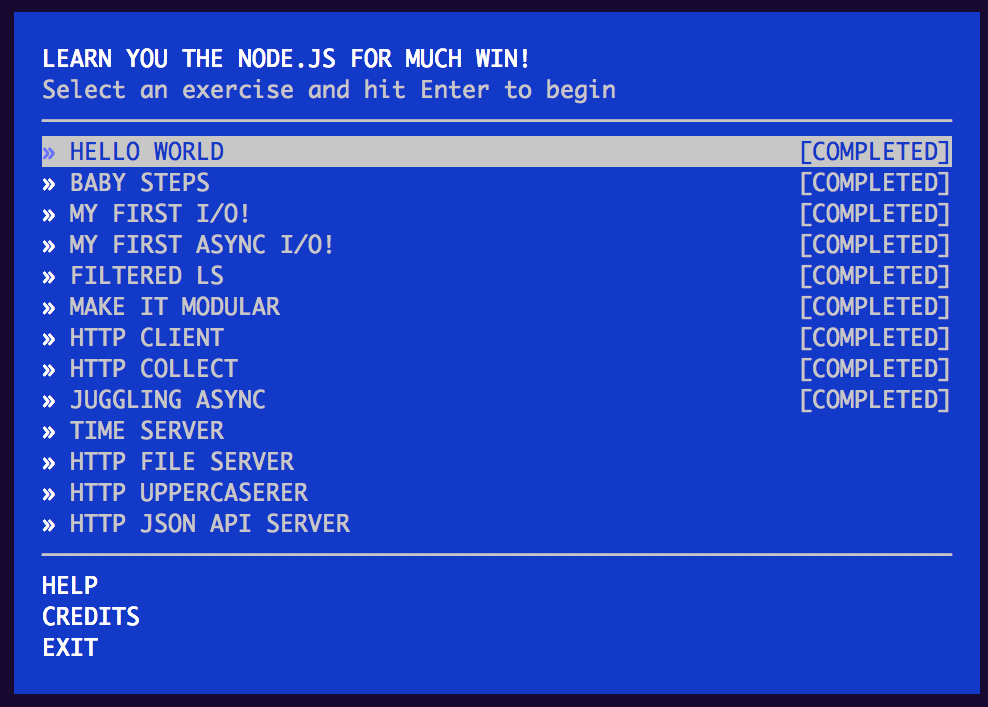 a screenshot of the learn you node workshopper's command-line interface