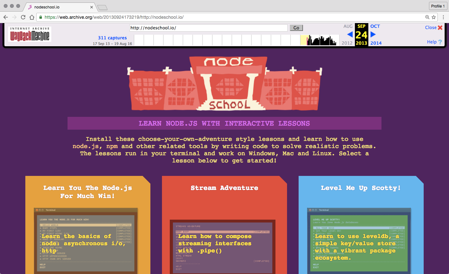 screenshot of the old nodeschool homepage with only three workshoppers