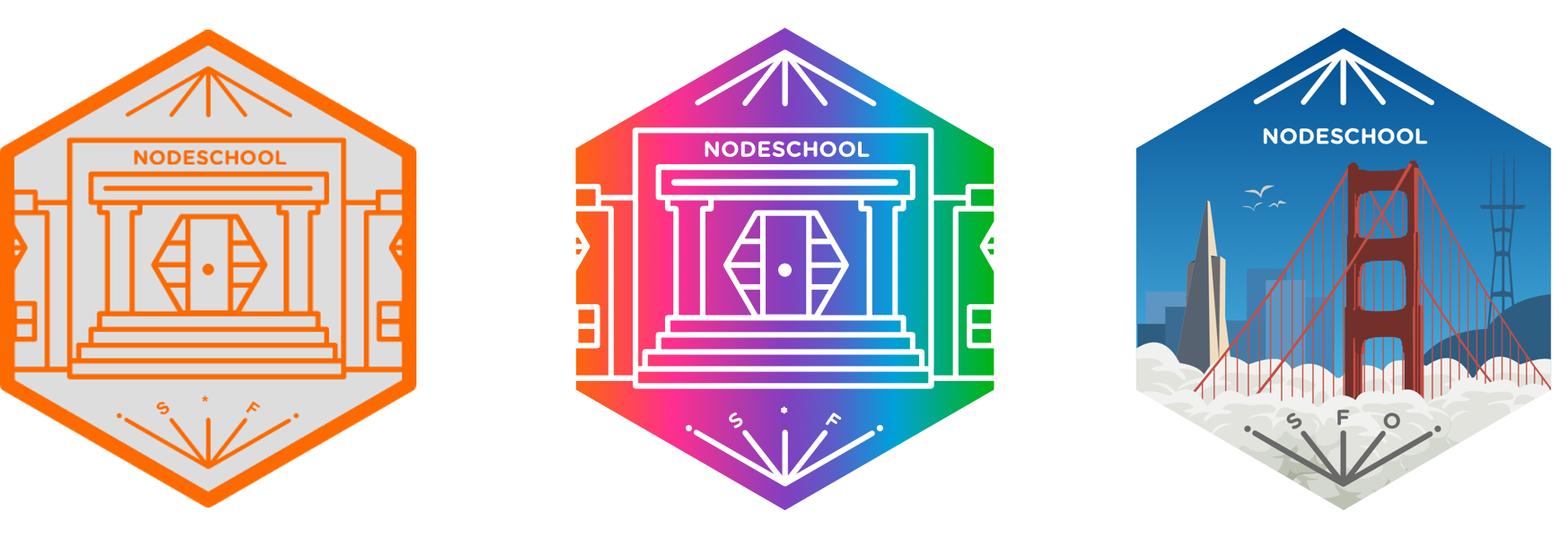 the three sticker designs of nodeschool sf: simple solid color to rainbow to vector art of San Francisco landmarks